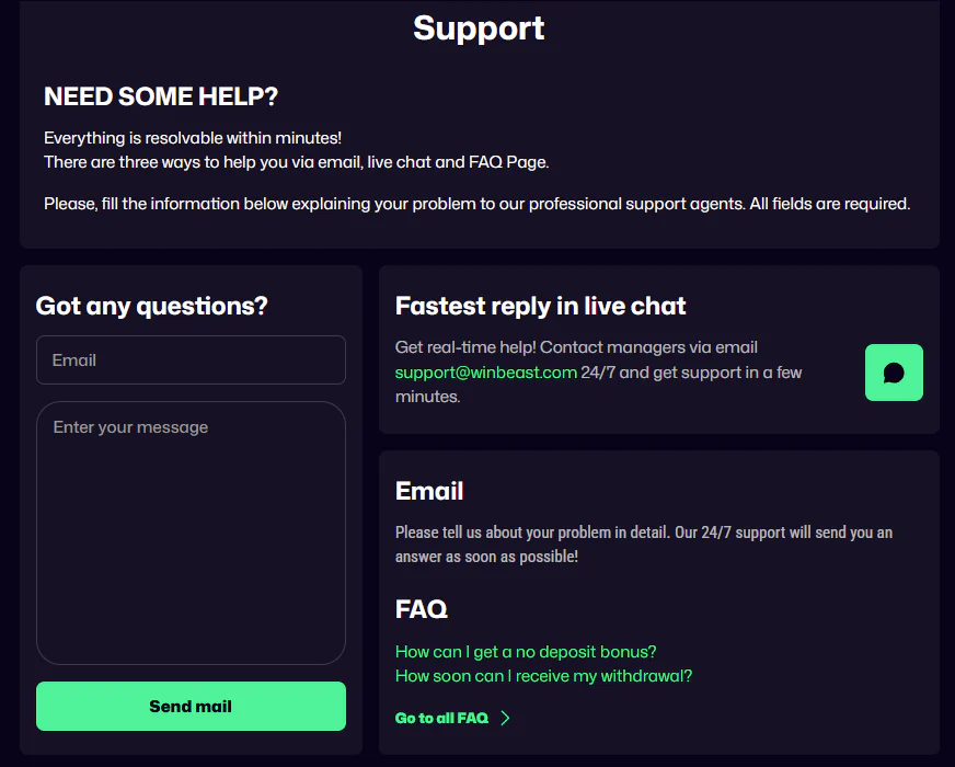 WinBeast customer support and player assistance